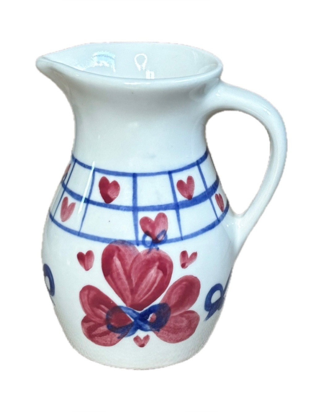 Vintage Hearts & Bows Creamer Mini Pitcher Farmhouse Breakfast Milk Jug Pottery